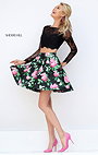 Sheer Long Sleeves Black/Pink Affordable Sherri Hill 50461 Two Piece Short Floral Print Prom Dresses