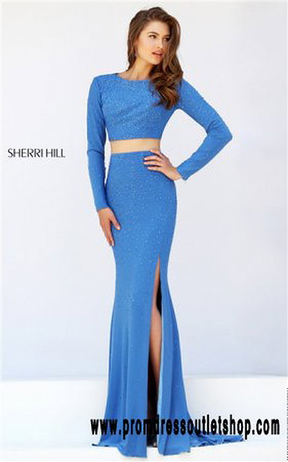 Two Piece Sherri Hill 50077 Blue Slit Beaded Backless Long Sleeves Prom Gown