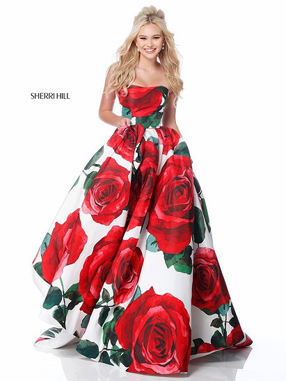 Strapless Red Sherri Hill 51926 Rose Print Taffeta Long A Line Prom Dresses 2018
