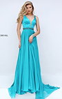 Plunging V Neckline Sherri Hill 50264 Beaded Turquoise Chiffon Long Pleated Evening Dresses 2016