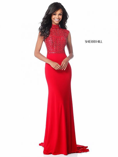 2018 Sherri Hill 51876 High Neckline Beaded Pattern Long Jersey Prom Dresses Red