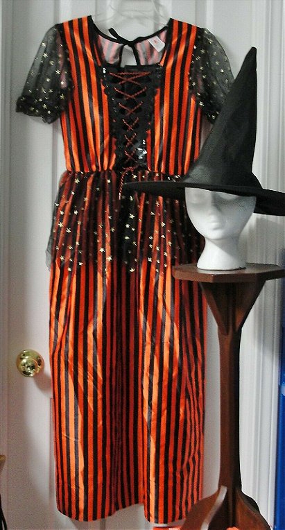 Girls Large Witch Halloween Costume Dress Orange & Black with Hat NWOT