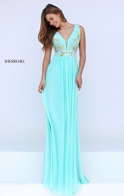 2016 Sherri Hill 50252 Open Back Floral Beaded Deep V Neckline Aqua Long Chiffon Evening Dresses