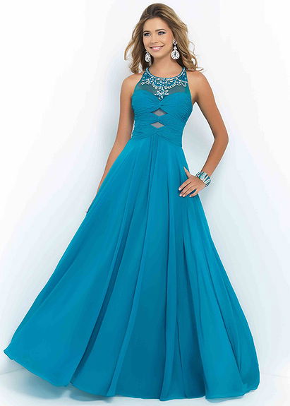 2015 Flowy Lagoon Sheer Scoop Neck Cutouts Beaded Prom Dress