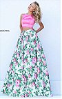 2017 Two Piece Sherri Hill 50448 High Neckline Floral Printed Pink/Ivory Sleeveless Long Evening Dresses