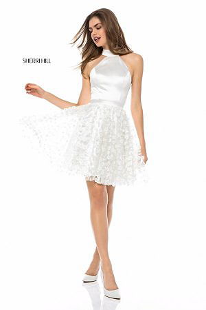 Satin Bodice Ivory Short Beaded Applique Cocktail Dresses Sherri Hill Style 51835 [Sherri Hill 51835 Ivory] - $220.00