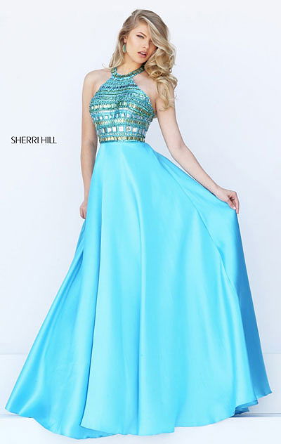 Open Back Halter Neckline Beaded Embellishments Blue Sherri Hill 50388 Long Satin Prom Dresses 2016