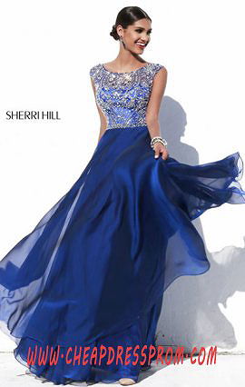 Beads Navy Cap-Sleeves 2015 Sherri Hill 32017 Chiffon Long Bodice Prom Dresses