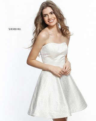 2017 Sherri Hill 51365 Ivory Open Back Beaded Strapless Short Satin Cocktail Dress