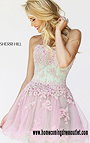 Pink/Green Sherri Hill 11062 Strapless Beaded Tulle Cocktail Dress 2014