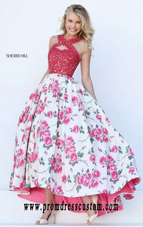 2016 Cutout Halter-Neck Pink/Ivory Beaded Printed Long Prom Dresses Sherri Hill 50481