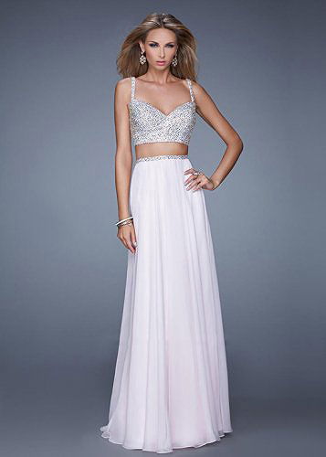 Pale Pink Two Piece Sparkly Beaded Straps Long Evening Gown