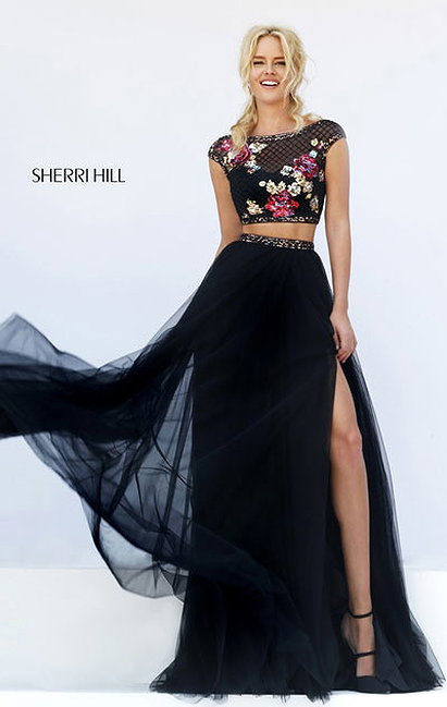 Cheapest Cap Sleeve Black/Multi Beaded Sherri Hill 32367 Long Tulle Prom Dresses