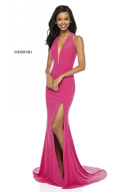 2018 Sherri Hill 51806 V Neckline Jersey Long Fitted Party Gowns Fuchsia