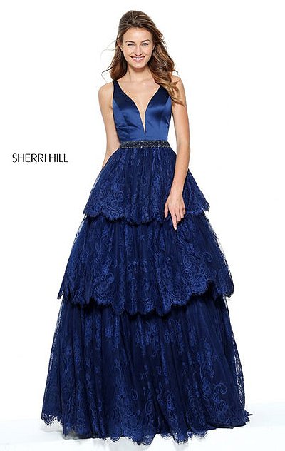 Navy Plunging V Neck Sherri Hill 50844 Lace Long Tiered Prom Dresses 2017