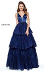 Navy Plunging V Neck Sherri Hill 50844 Lace Long Tiered Prom Dresses 2017