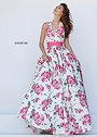 Fancy Low Cut Halter V Neck Ivory Pink Floral Print Sherri Hill 50472 Prom Dress