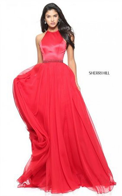 Beading Sherri Hill 50971 Red Halter A-Line Chiffon Prom Dress 2017