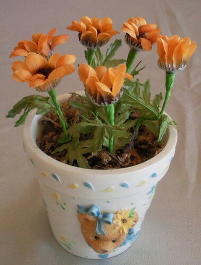 Cherished Teddies - Flower Pot Yellow Satin Flowers