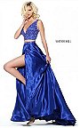 2017 Sherri Hill 50993 V-Neck 2-Piece Royal Crystals Slit Prom Dresses Long