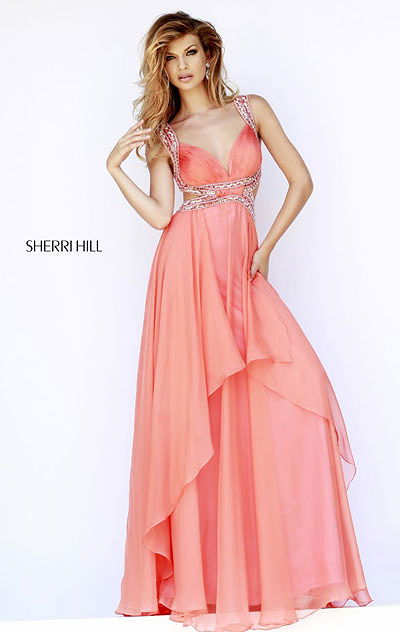 2015 Ruched-Neck Sherri Hill 9728 Melon Cutout Long Beaded Prom Dress