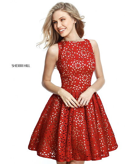 2017 Red Hollow-Out Pattern Pleated Homecoming Dresses High Neck Sherri Hill S51459