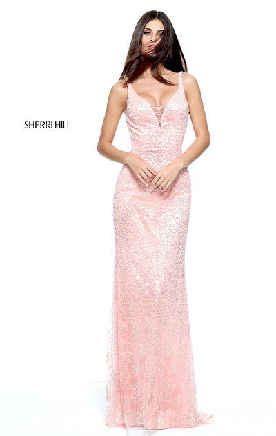 2017 Open Back Blush Plunging V Neckline Beaded Embellishments Long Net Evening Dresses Sherri Hill 51106 Sleeveless
