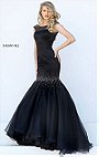 2016 Boat Neckline Black Jeweled Embellishments Cap Sleeves Sherri Hill 50392 Long Pleated Prom Dresses