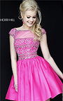 2016 Cocktail Dress Short Fuchsia Keyhole Beaded Sleeved Sherri Hill 32267