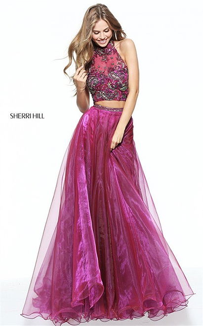 2-Piece Sherri Hill 50958 Beaded Illusion Halter Magenta Dress Prom 2017