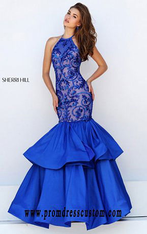 2016 Halter-Neck Sherri Hill 50266 Tiered Long Bodice Prom Dresses Royal Beaded Pattern