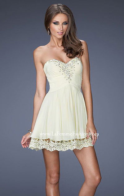2015 Strapless Beaded Lemon La Femme 19687 Short Bodice Chiffon Homecoming Dresses