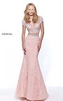 2 PC Blush Crystals Appliqued Lace Dress Trumpet Fitted Sherri Hill 51011
