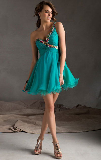 Beaded Neck Teal 2015 One Shoulder Mori Lee 9234 Short A-Line Homecoming Dresses