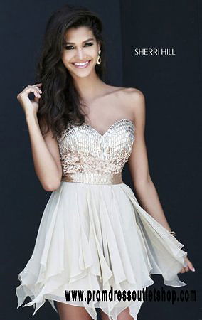 Beaded Sherri Hill 1934 Nude Strapless Ruffled Chiffon Cocktail Dress