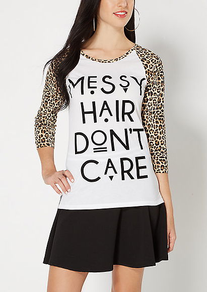 Messy Hair Leopard Print Raglan Tee