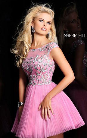 Sherri Hill 21032 Cap-Sleeves 2015 Sequin A-Line Pink/Silver Short Tulle Homecoming Dresses