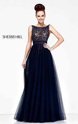 2014 Beaded Open-Back Navy High-Neck Sherri Hill 11022 Long A-Line Homecoming Dresses