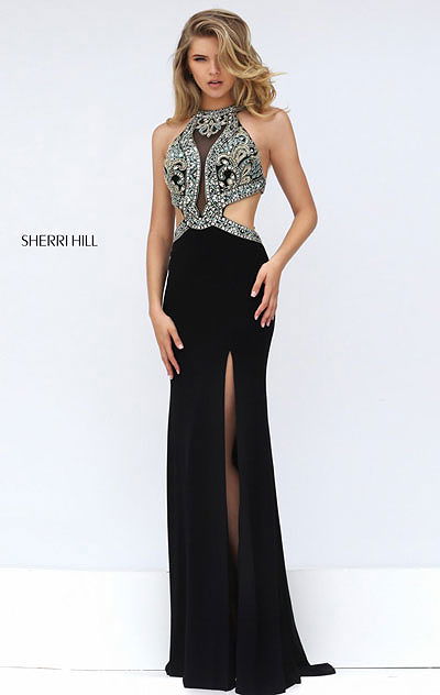 Beaded Black Cutout Sherri Hill 50383 Sheer Long Slit Prom Dresses 2016