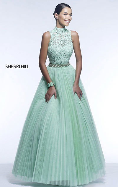 Sherri Hill 21334 Light Green Open-Back Floral Lace Prom Dress
