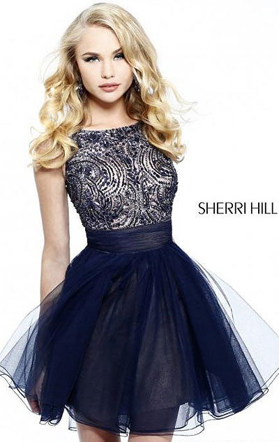 Open-Back Beaded Sherri Hill 11032 Navy Cheap A-Line Short Bodice Prom Dresses