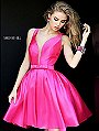 2017 Sherri Hill S50506 Fuchsia Deep V-Neck Bow Waistband Net Short Satin Prom Dresses