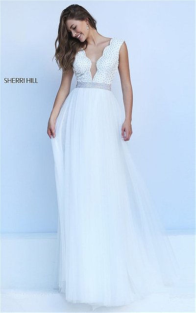 2017 Glamorous Plunging Long Stone V-Back Ivory Prom Gown From Sherri Hill 50029