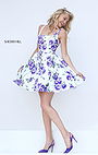 Ivory/Purple Affordable Sherri Hill 50369 Scoop Neck Short Taffeta Prom Dresses Floral Print Open Back