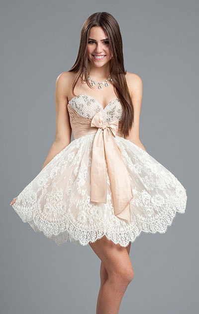 2014 Sherri Hill 2841 Sweetheart Nude Pearl Lace Bodice Babydoll Dress