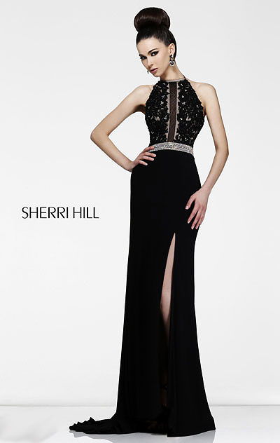 2014 Black Halter Jeweled Sherri Hill 21210 Long Jersey Prom Dress