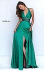 2016 Halter V Neckline Sherri Hill 50190 Open Back Emerald Beaded Patterned Satin Long Slit Evening Gown