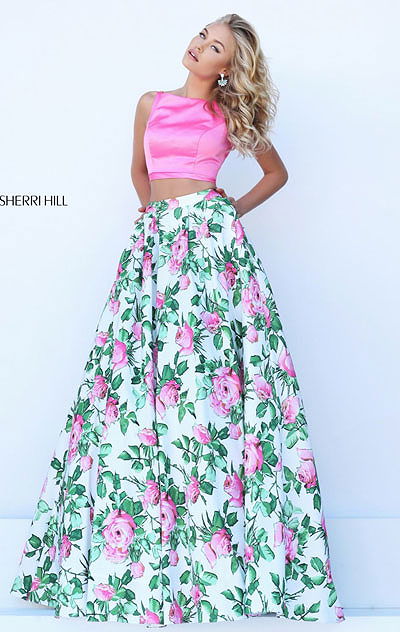 2016 Printed High-Neck Sherri Hill 50448 Two-Piece Pink/Ivory Long Prom Dresses