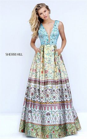 Plunging 50788 Multi Floral Print Ball Gown By Sherri Hill Prom 2017