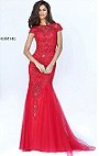 High Neckline Red Cap Sleeves Sherri Hill 50516 Beaded Patterned 2017 Tulle Long Pleated Mermaid Gown